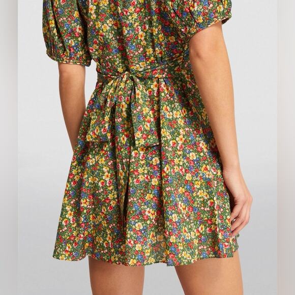 Doen Emilia Cotton V Neck Tie Short Puff Sleeve Mini Dress Green Valley Floral - Picture 2 of 16
